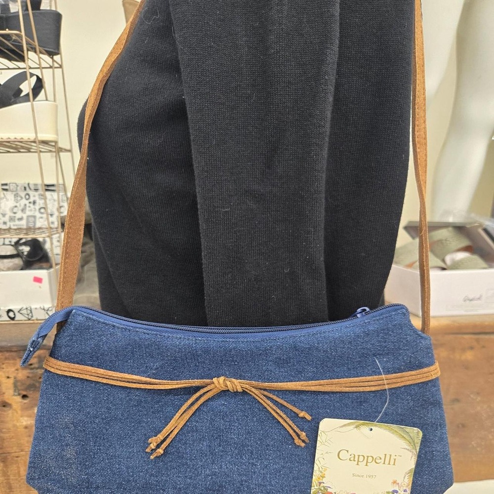 Cappelli blue denim shoulder hand bag with brown leather straps